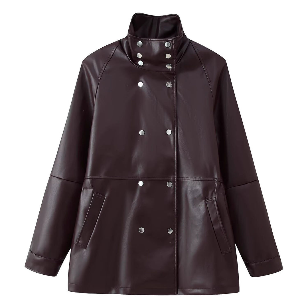 Women's Mid-Length Faux Leather Coat with High Stand-Up Collar and Double-Breasted Snap Buttons Mune Fashion