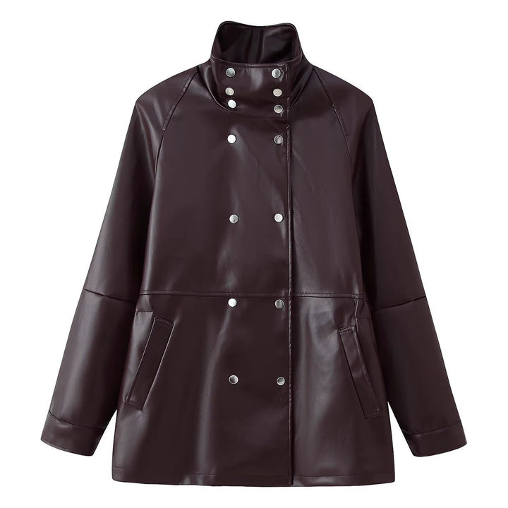 Women's Mid-Length Faux Leather Coat with High Stand-Up Collar and Double-Breasted Snap Buttons Mune Fashion