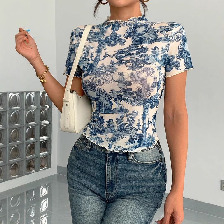 Women's fitted short-sleeved mesh shirt with stand-up collar and romantic country house print Mune Fashion