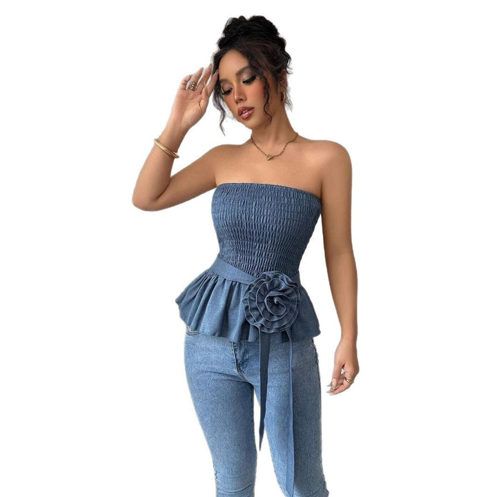 Women's fitted strapless Smok top with ruffle peplum and decorative fabric flower Mune Fashion