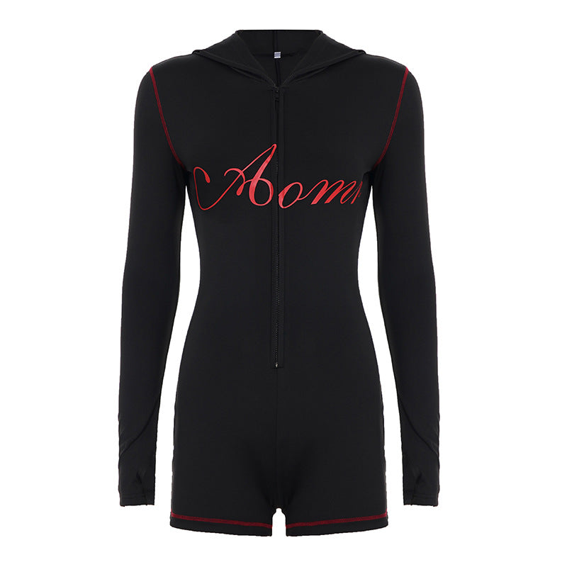 Women's tailored zip romper with hood, long sleeve design and integrated shorts made of functional stretch Mune Fashion