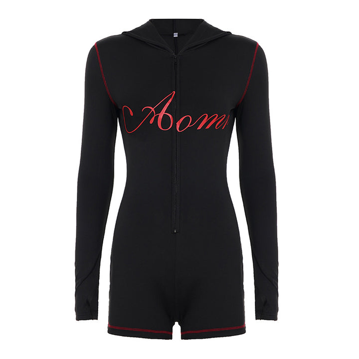 Women's tailored zip romper with hood, long sleeve design and integrated shorts made of functional stretch Mune Fashion
