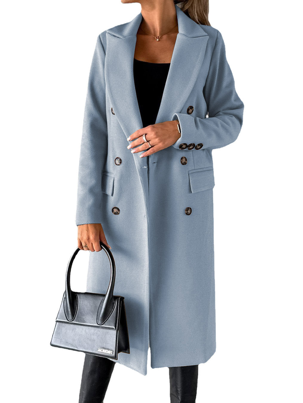Women's classic long double-breasted coat with collar and flap pockets Mune Fashion