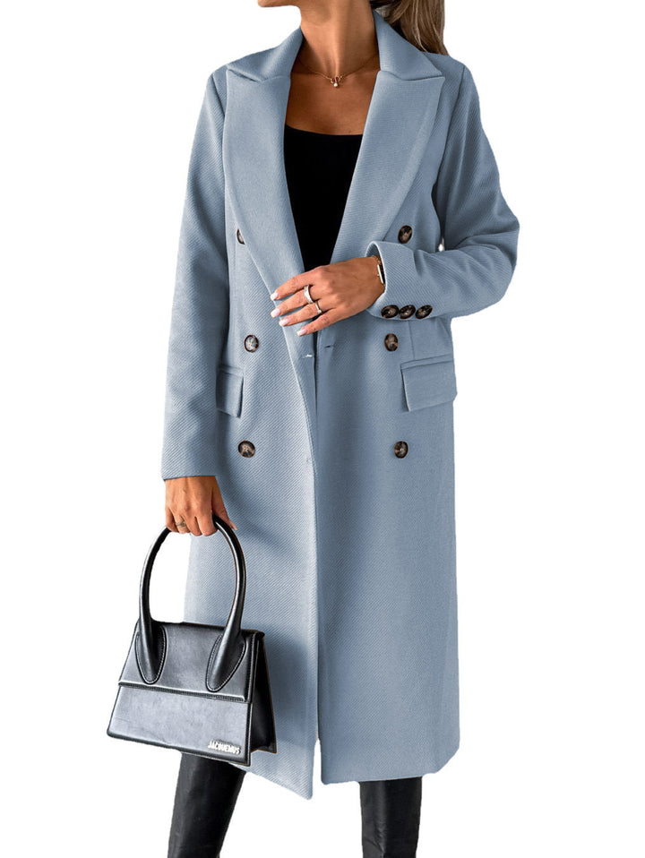 Women's classic long double-breasted coat with collar and flap pockets Mune Fashion