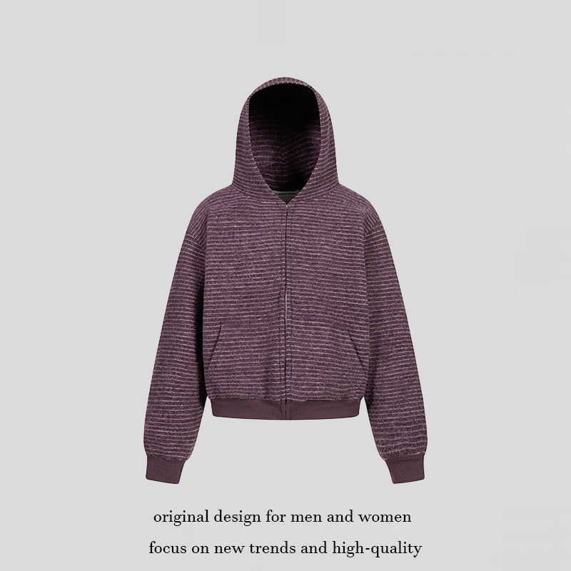 Women's short-cut hooded zip jacket with horizontal stripe relief and elastic waistband Mune Fashion