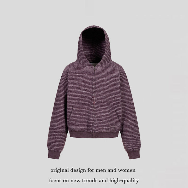 Women's short-cut hooded zip jacket with horizontal stripe relief and elastic waistband Mune Fashion