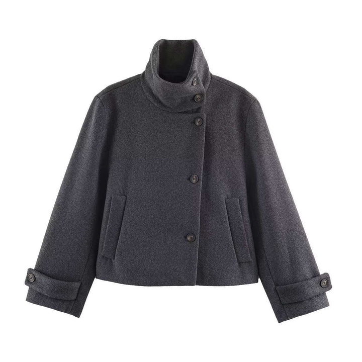 Women's short wool coat with a high stand-up collar, asymmetrical button placket, and adjustable cuff straps Mune Fashion