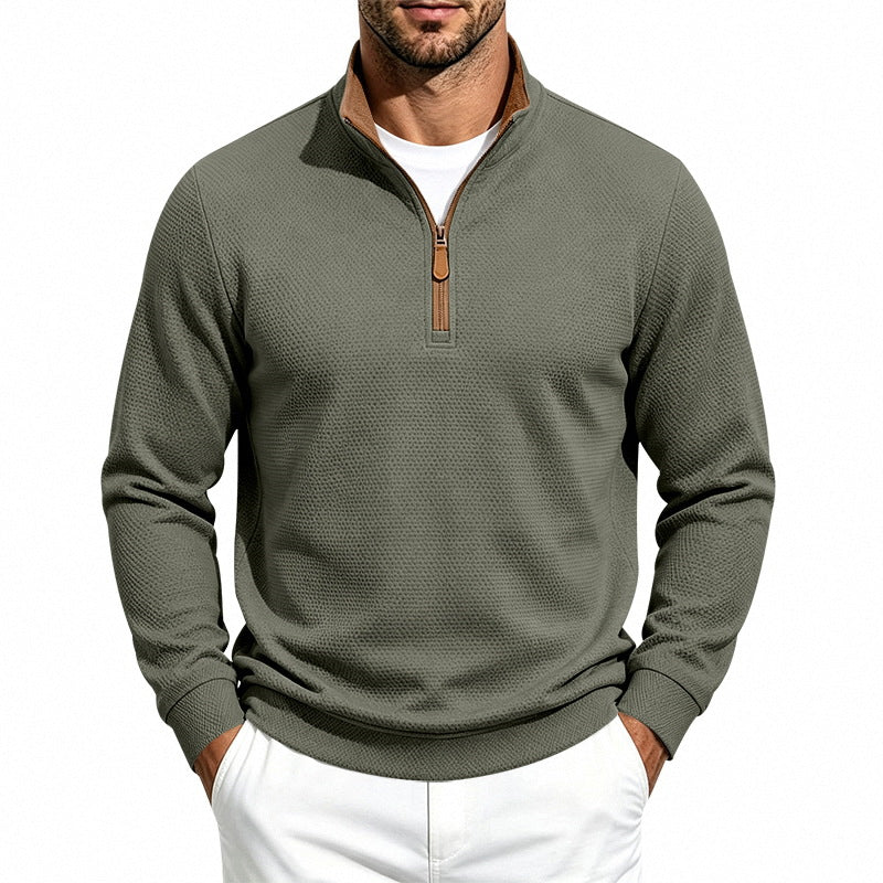 Men's waffle structure half-zip sweatshirt with stand collar, contrast lining, and leather zipper Mune Fashion