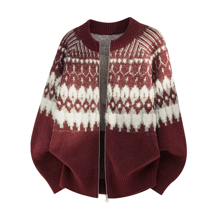 Women Oversize Knit Poncho with Zipper and Norwegian Jacquard Pattern Mune Fashion