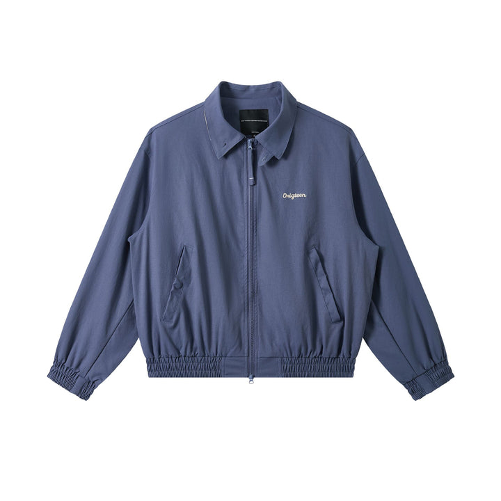Men's short cut boxy blouson with high stand-up collar, elastic hem and zipper front.