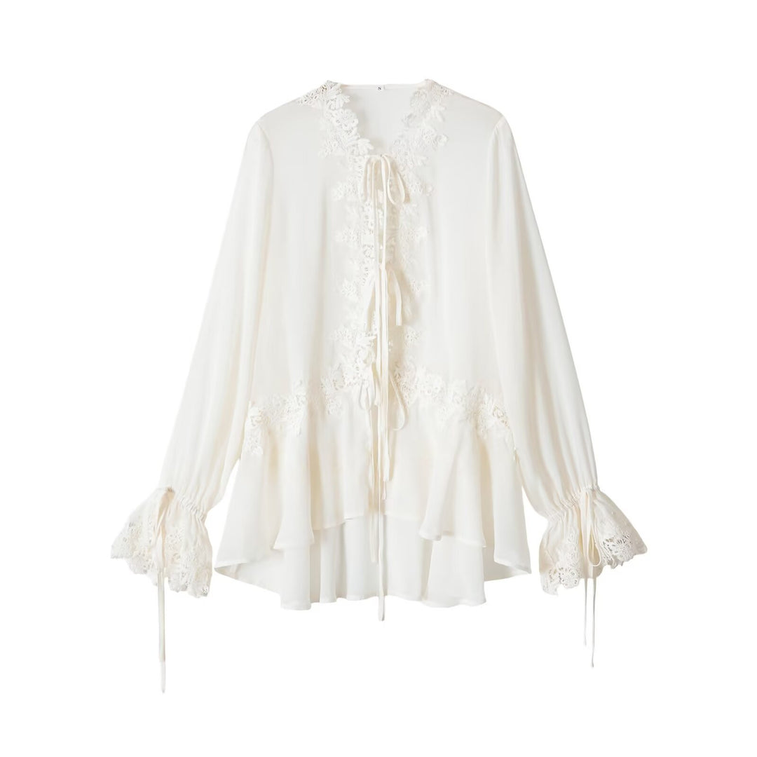 Women’s Boho Lace Blouse with Ruffles, Long Ruffled Sleeves, and Ties Mune Fashion