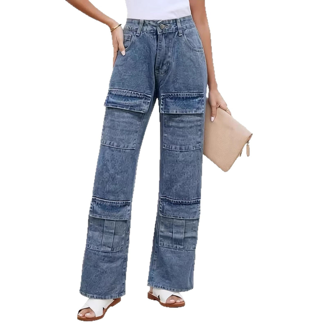 Women nan High-Waist Utility Denim Pants with applied knee patches, cargo pockets and wide flares Mune Fashion