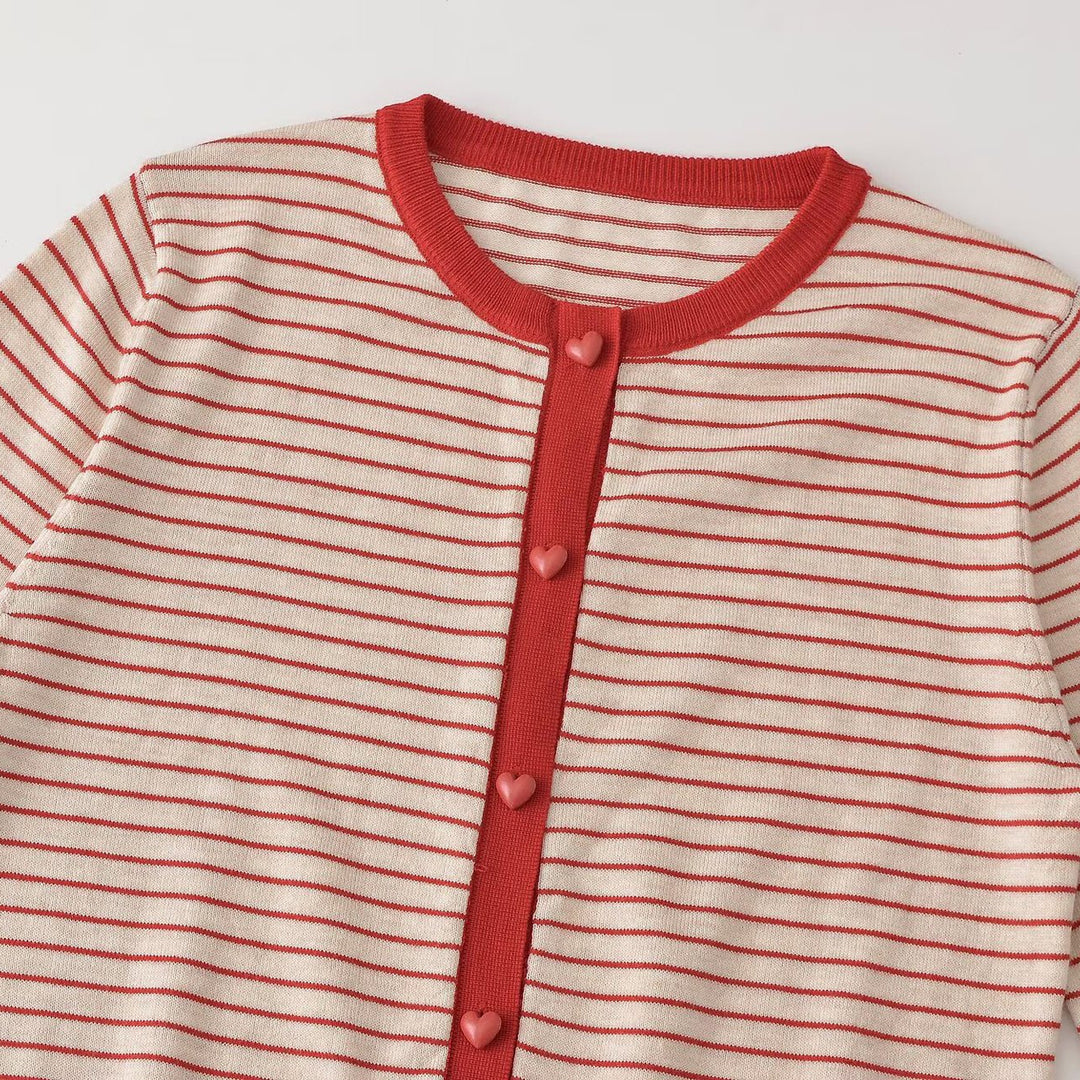 Women Striped Cropped Fine Knit Cardigan with Heart Buttons and Rib Trimmings Mune Fashion