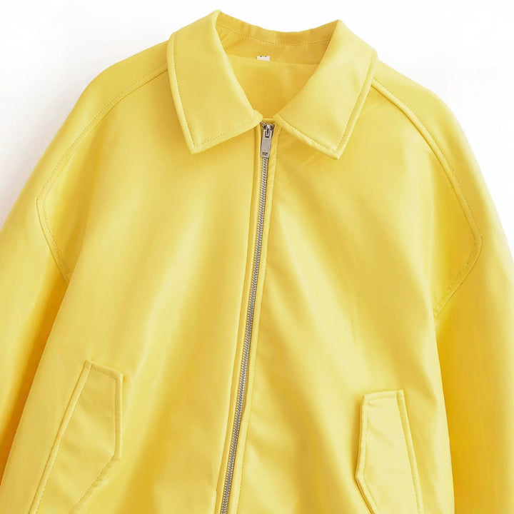 Women's Oversized Bomber Jacket with Zipper, Collar, Ribbed Cuffs and Flap Pockets Mune Fashion