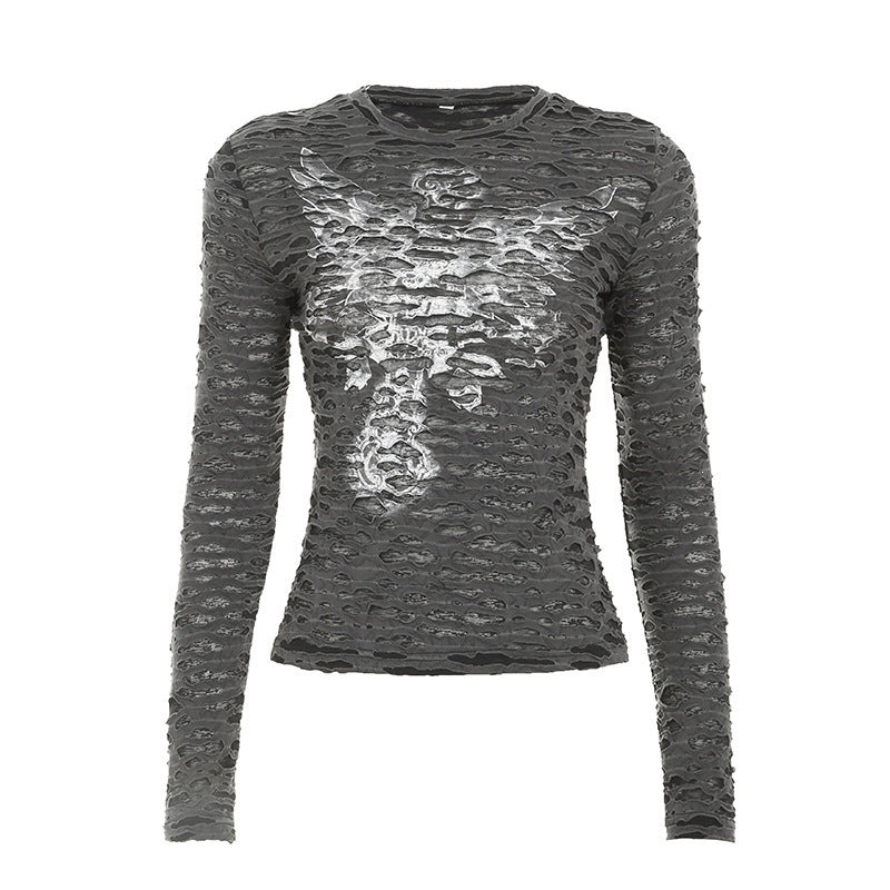 Women's Fitted Structured Long Sleeve Shirt with Metallic Skeleton Print Mune Fashion