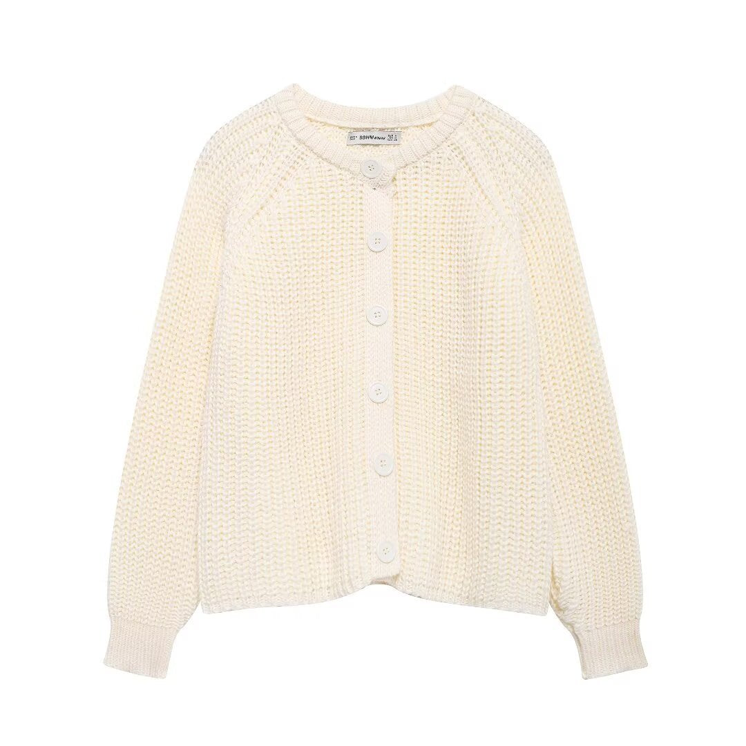 Women chunky knitted raglan cardigan with balloon sleeves and full button placket Mune Fashion