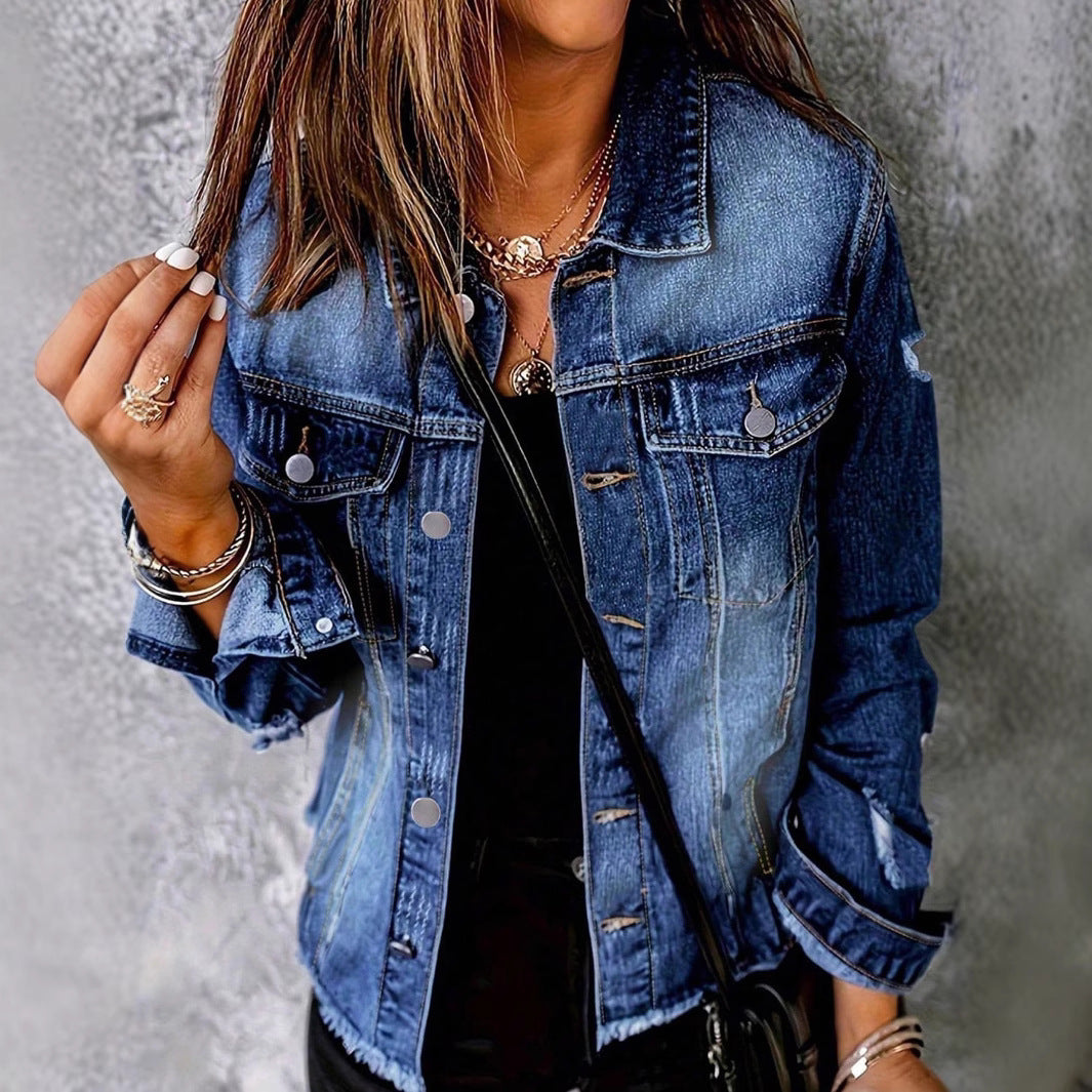 Women's Casual Denim Jacket with Distressed Details, Patch Chest Pockets and Frayed Hem Mune Fashion