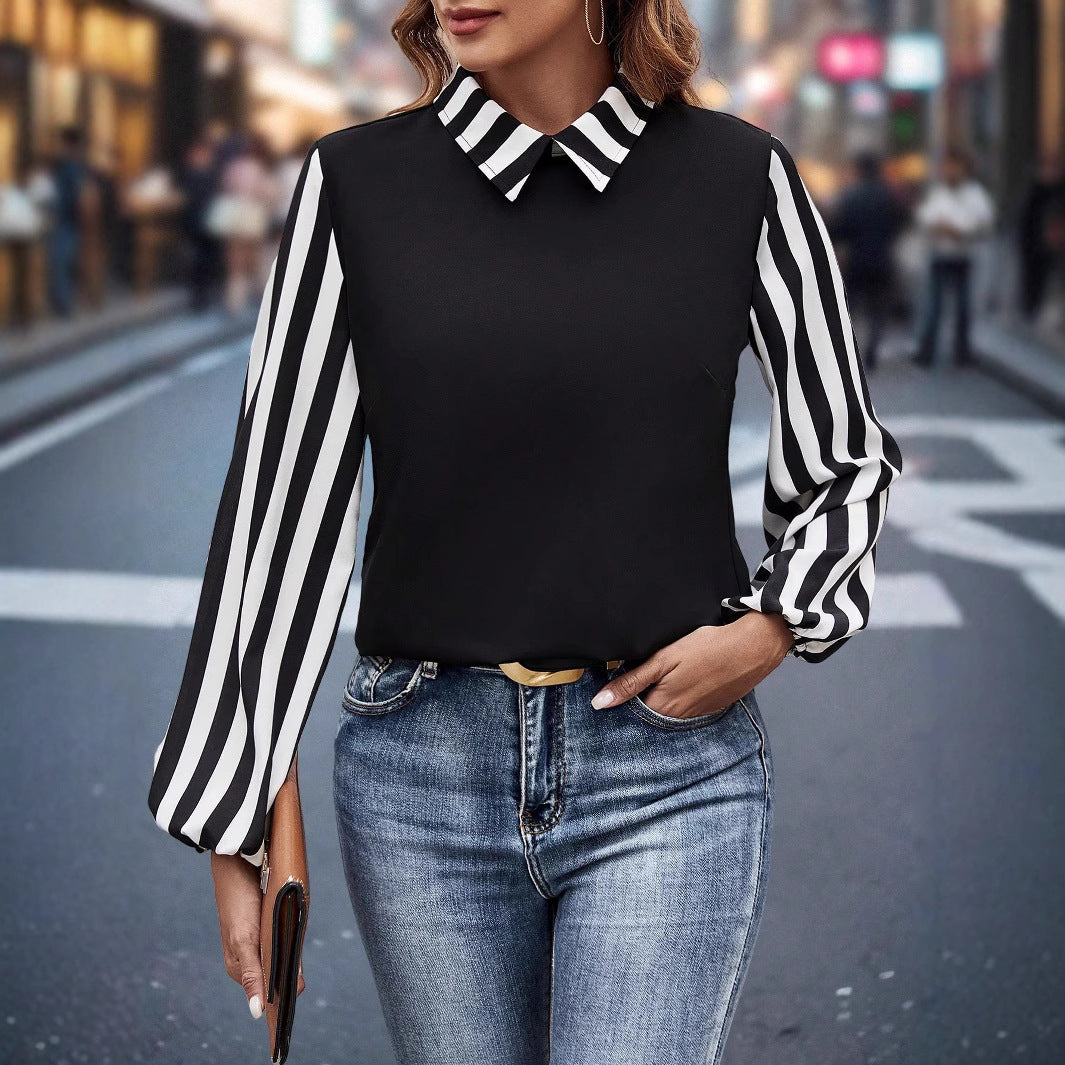 Women's blouse top with contrasting shirt collar and striped chiffon sleeves Mune Fashion