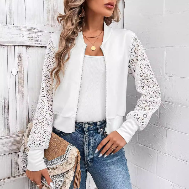 Women's bomber jacket with crochet lace sleeves and full-length zipper Mune Fashion