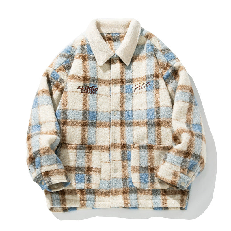 Unisex Cozy Teddy Fleece Shirt Jacket in Check Design with Snap Button Placket and Patch Pockets Mune Fashion