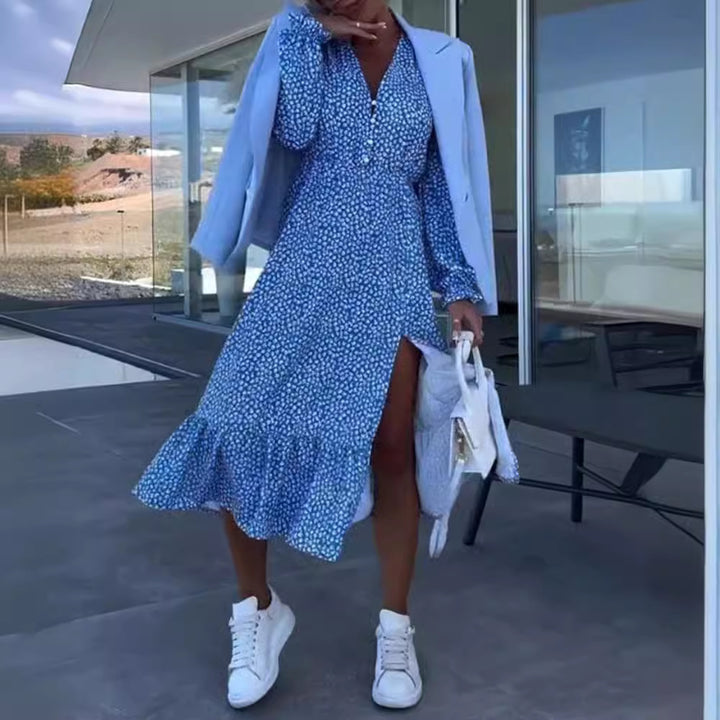 Women nan midi dress with V-neck gathered waist seam long sleeves flounce hem and side leg slit Mune Fashion