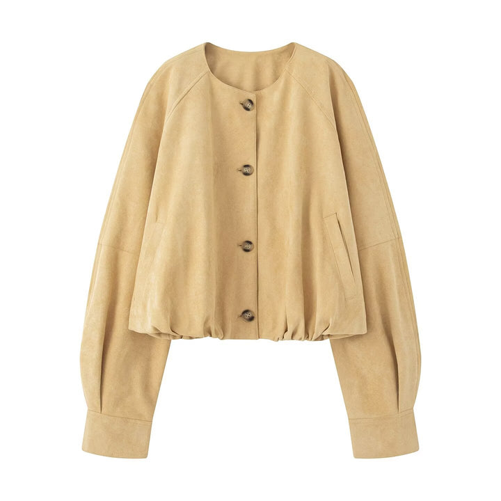 Women Short Blouson Jacket in Cropped Look with Round Neckline and Balloon Sleeves Mune Fashion