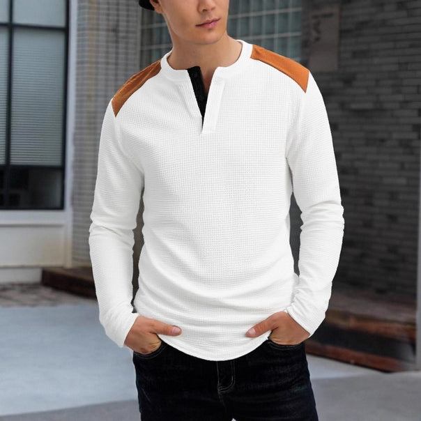 Men's structured Henley long-sleeve shirt with stand-up collar, shoulder piping, and waffle structure Mune Fashion