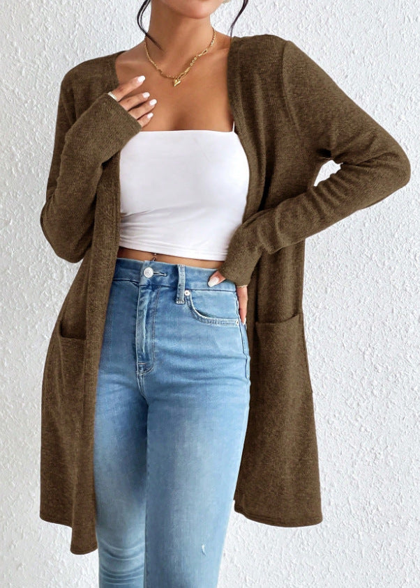 Women's open long cardigan with patch pockets and soft fine knit Mune Fashion