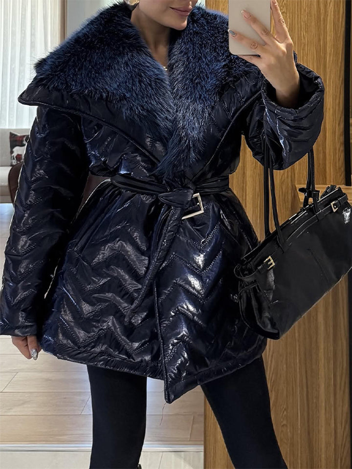 Ladies Shiny Padded Jacket with Waist Belt and Voluminous Faux Fur Collar Mune Fashion