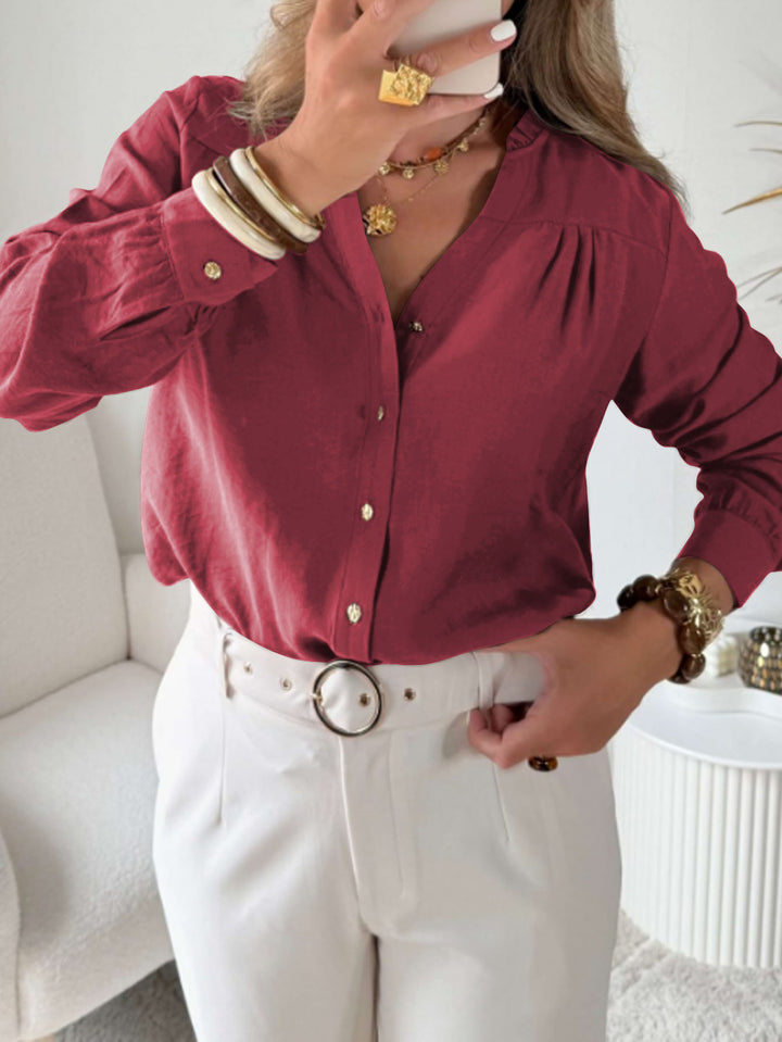 Women Loose Blouse Shirt with V-Neck, Ruffle Hem and Golden Decorative Buttons Mune Fashion