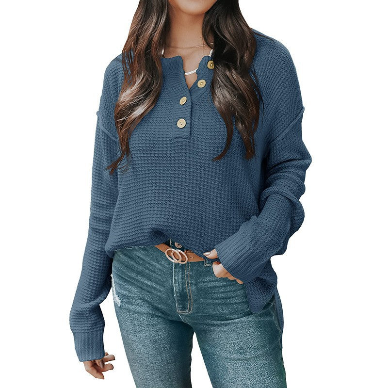 Women's Relaxed Waffle Texture Henley Pullover with Button Placket and Dropped Shoulder Mune Fashion
