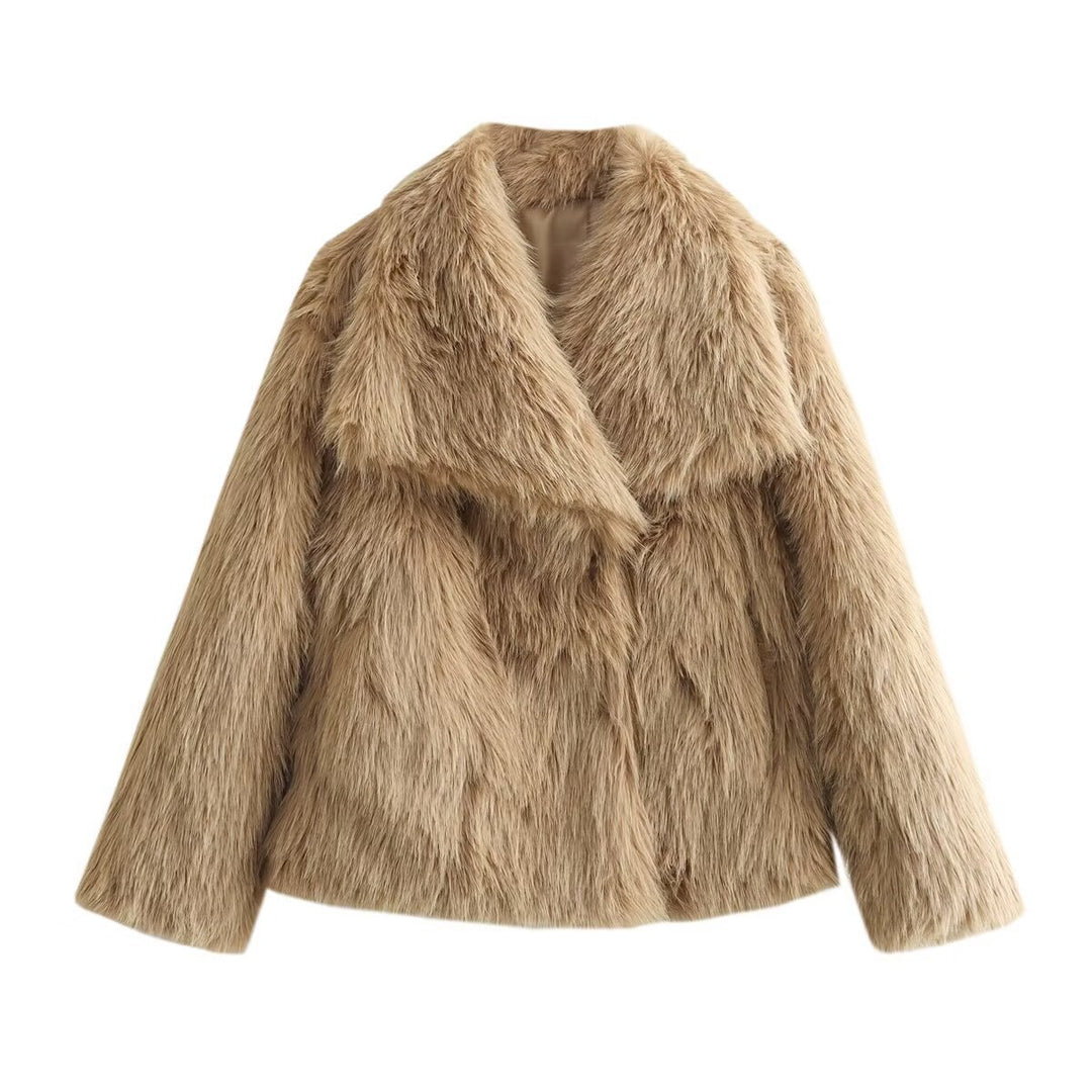 Ladies Short Boxy Faux Fur Jacket with Wide Shawl Collar and Long Fiber Faux Fur Mune Fashion