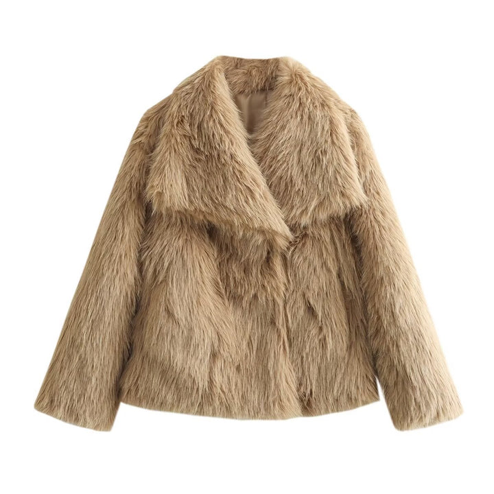 Ladies Short Boxy Faux Fur Jacket with Wide Shawl Collar and Long Fiber Faux Fur Mune Fashion