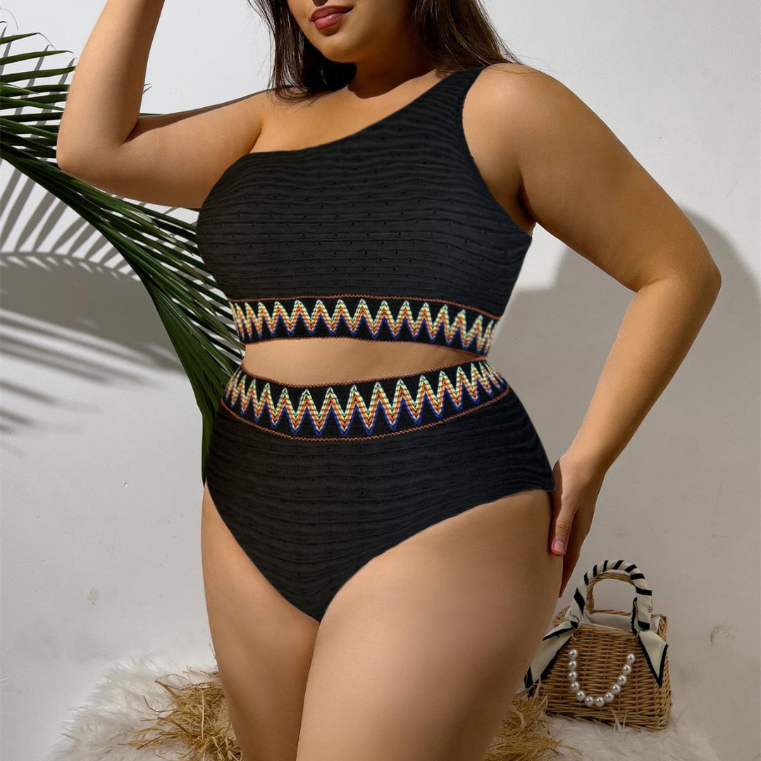 Ladies Sporty Two-Piece Swimsuit with Unique Cut-Out Design and Colorful Banner Pattern Mune Fashion