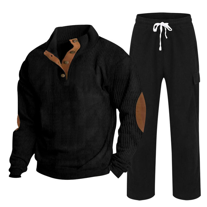Men's Cozy Leisure Set made of Waffle Knit Henley with Elbow Patch and Relax Cargo Pants Mune Fashion