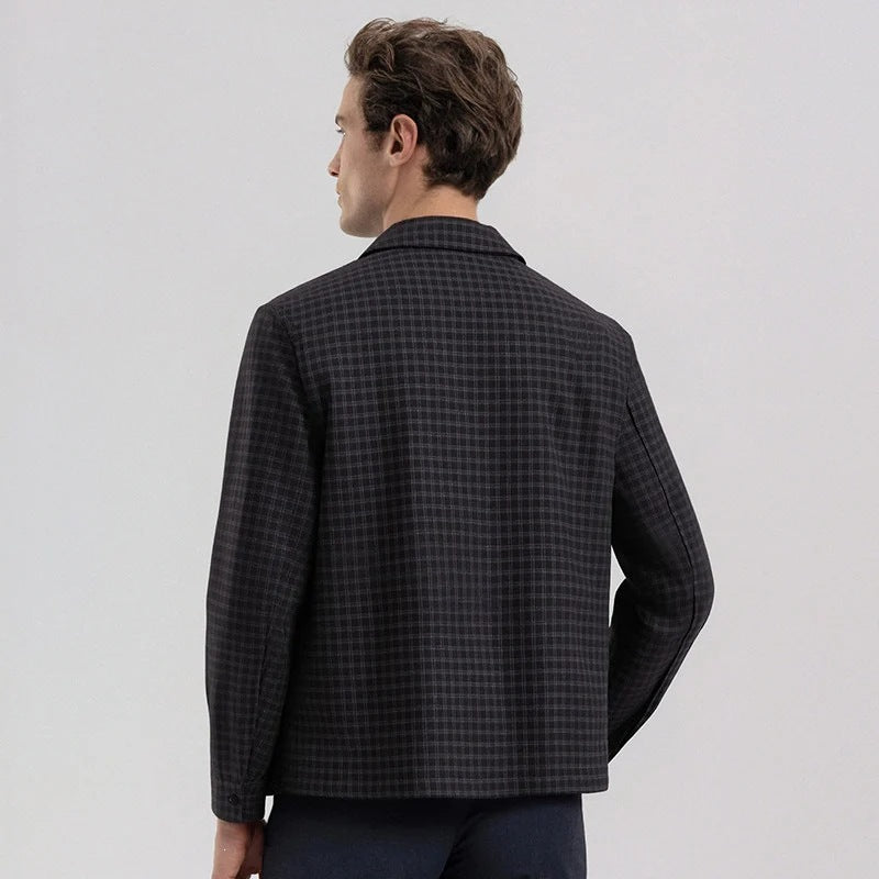 Men's Lightweight Checked Overshirt Jacket with Concealed Two-Way Zipper and Shirt Collar Mune Fashion