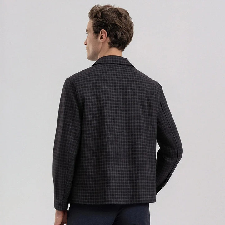 Men's Lightweight Checked Overshirt Jacket with Concealed Two-Way Zipper and Shirt Collar Mune Fashion