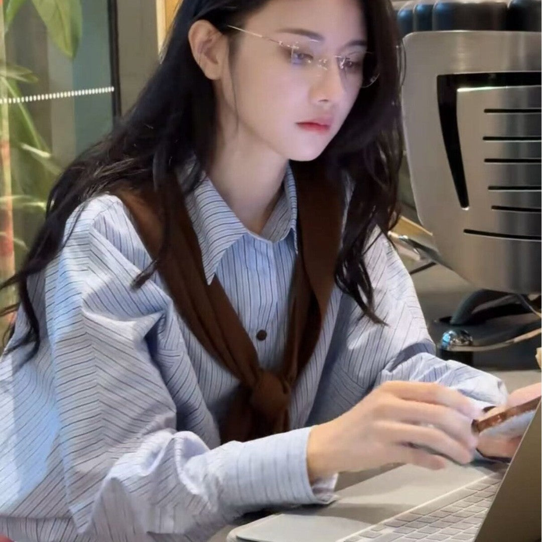 Women Oversized Striped Cotton Shirt Blouse with Rolled-up Sleeves and Shirt Collar Mune Fashion