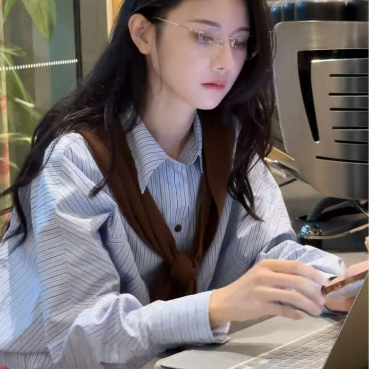 Women Oversized Striped Cotton Shirt Blouse with Rolled-up Sleeves and Shirt Collar Mune Fashion