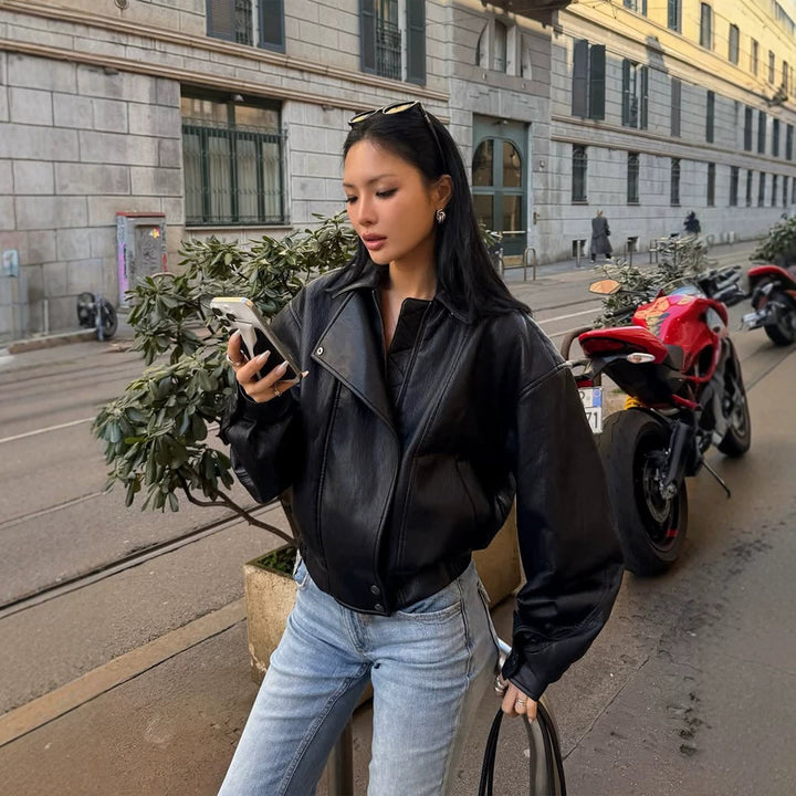 Women Tailored Boxy Bomber made of soft Vegan leather with distinctive lapels and raglan sleeves Mune Fashion