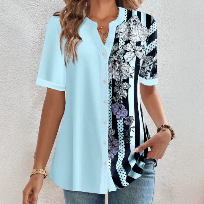 Women two-piece shirt blouse with asymmetrical pattern mix, button placket and loose hip length Mune Fashion