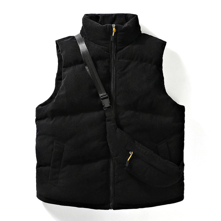Men's Quilted Cord Sleeveless Thermal Vest with Stand Collar and Integrated Crossbody Bag Mune Fashion