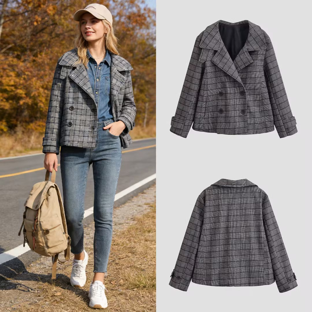 Women's Short Double-Breasted Glencheck Coat with Wide Lapels Mune Fashion