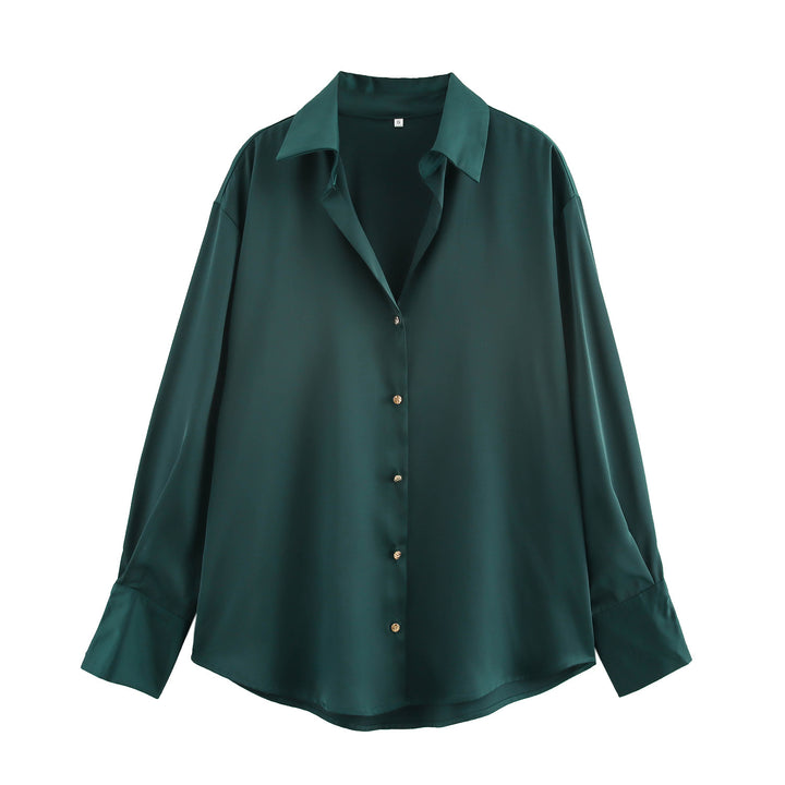 Women's oversized satin blouse with shirt collar, extended cuffs and rounded hem Mune Fashion