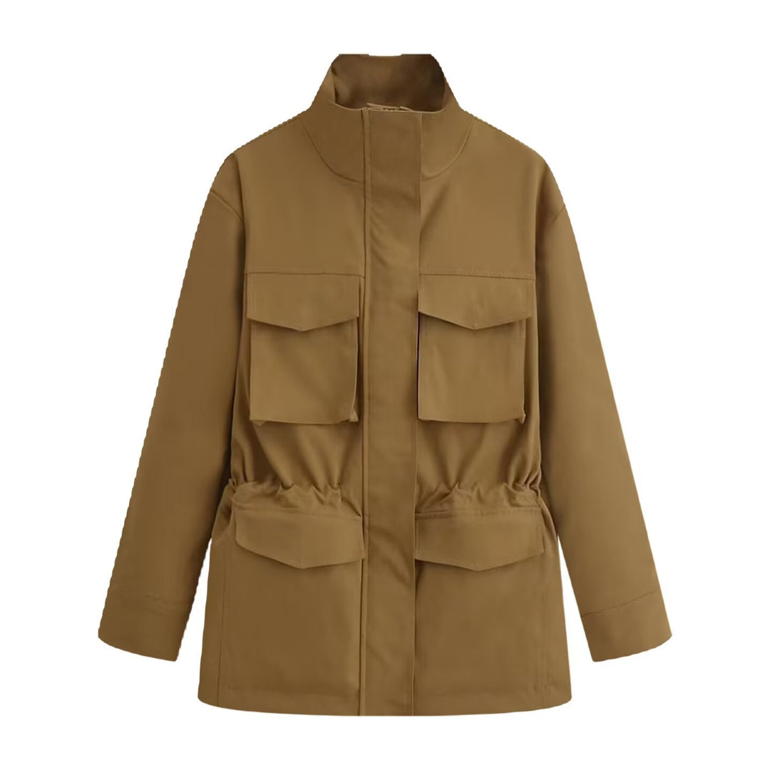 Women's utility jacket with drawstring waist, stand-up collar, and flap pockets Mune Fashion