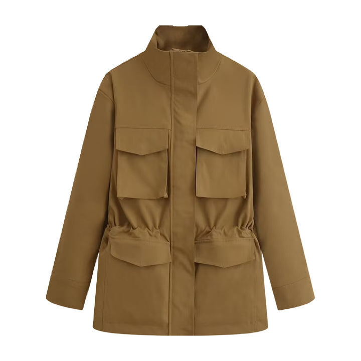 Women's utility jacket with drawstring waist, stand-up collar, and flap pockets Mune Fashion