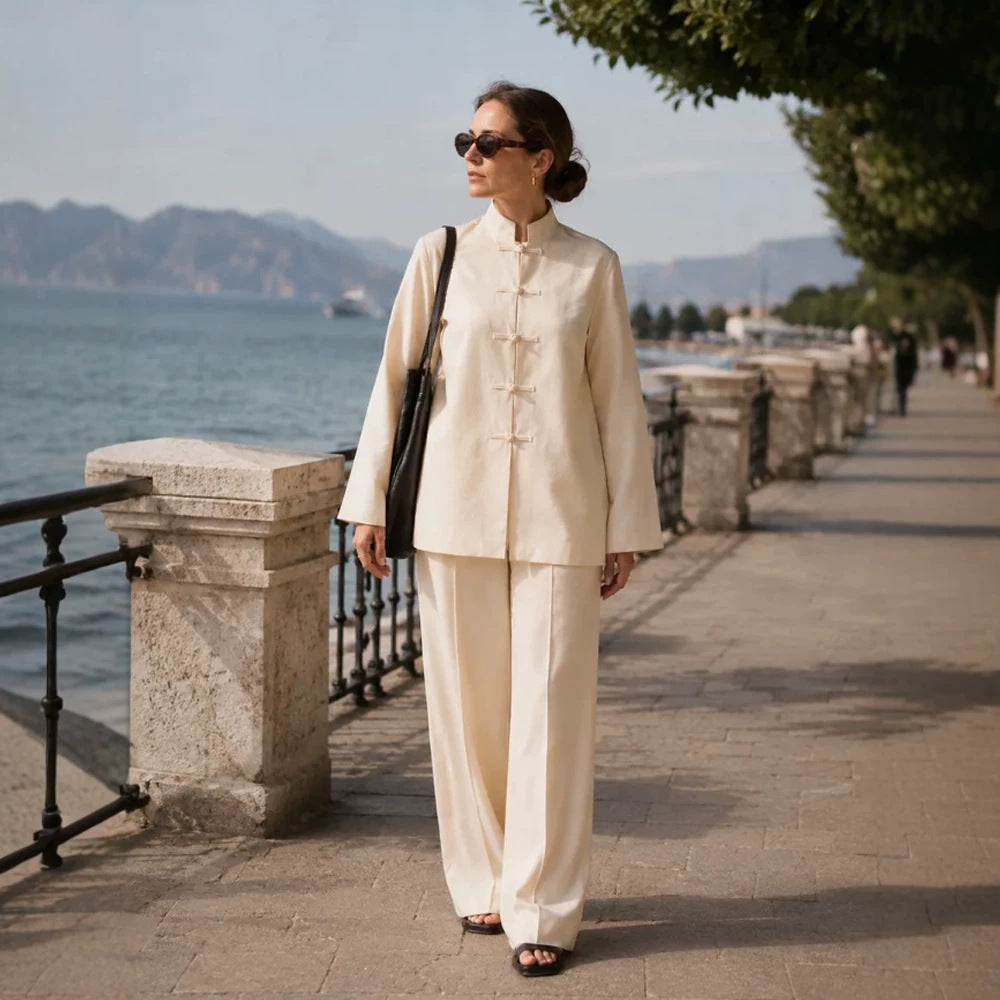 Women's Mandarin Collar Tunic Jacket with Knot Closures and Wide Palazzo Pants Mune Fashion