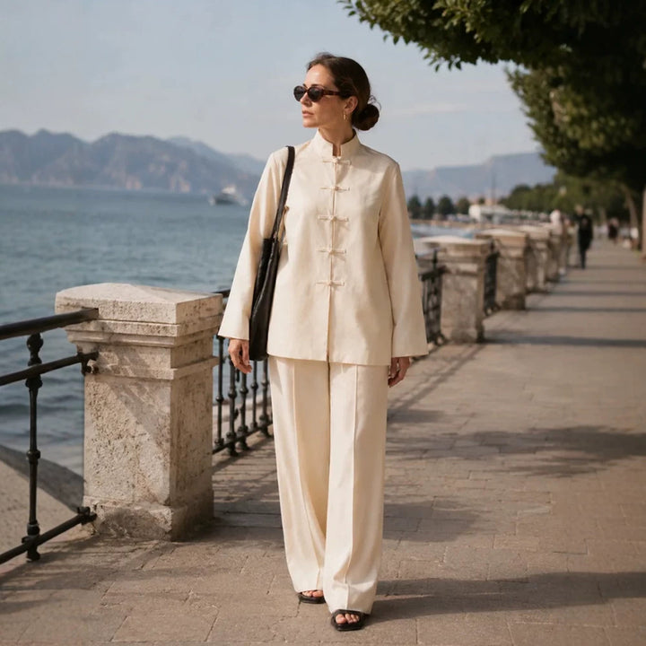 Women's Mandarin Collar Tunic Jacket with Knot Closures and Wide Palazzo Pants Mune Fashion