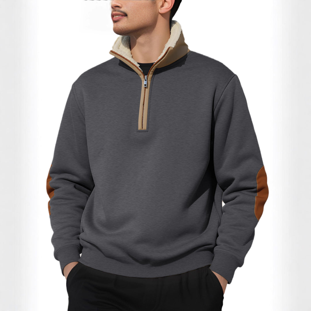 Men's nano lightweight half-zip sweatshirt with sherpa lined stand-up collar and faux leather elbow patch Mune Fashion