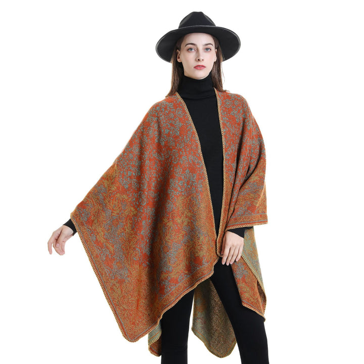 Women's Jacquard Poncho with Oriental Pattern and Open Front Mune Fashion